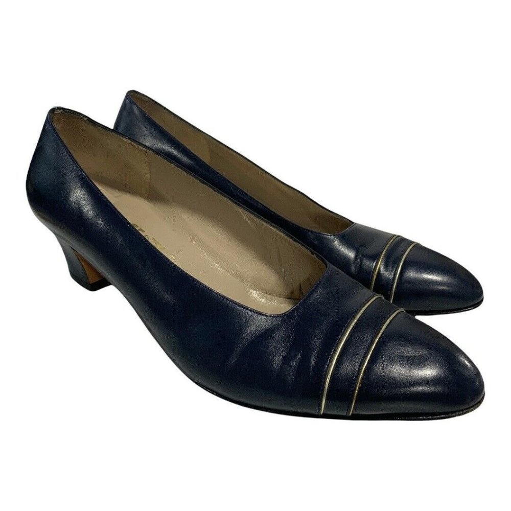 Salvatore Ferragamo Blue Gold Trim Accent Leather Block Heels Size 10